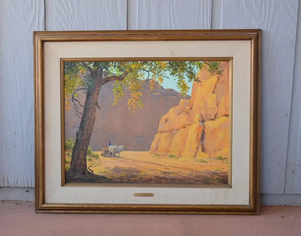 JUNE WAGONER - OIL PAINTING - CANYON DE CHELLY ARIZONA - NAVAJO FAMILY IN WAGON (1 of 2)