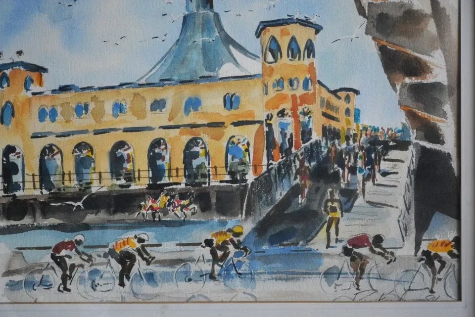 RAYMOND DEEN PACKARD 1933-2020 VENICE CALIF. WC PAINTING BEACH BICYCLE RACE 1984 (1 of 2)