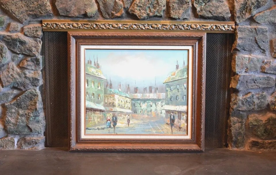 VINTAGE PAINTING - PARIS STREET SCENE - 1940S 1950S - MID-CENTURY FASHION FRANCE: VINTAGE PAINTING - PARIS STREET SCENE - 1940S 1950S - MID-CENTURY FASHION FRANCE Item Description: This vintage painting shows a 1940s - 50s street scene with women in the stylish dress of the time wa