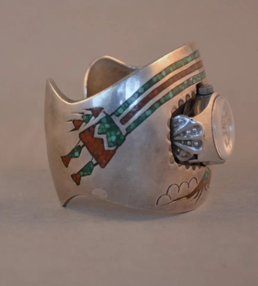 CHARLIE JOHN - VINTAGE NAVAJO WATCH BRACELET CUFF RAINBOW YEI BULOVA WATCH AUTO (1 of 2)