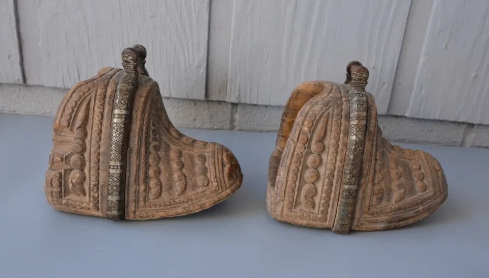 ANTIQUE 19TH C. CHILEAN HUASO HORSE ESTRIBOS STIRRUPS - CARVED WOOD SILVER INLAY (1 of 2)