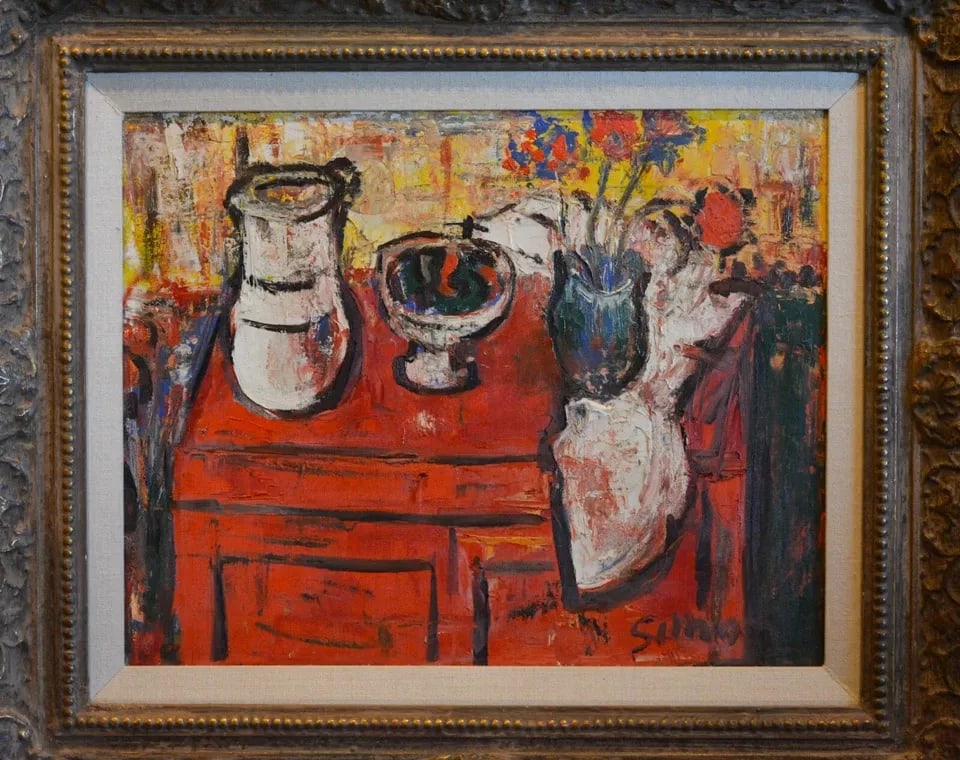 GARY SIMON - STILL LIFE IMPRESSIONIST PAINTING VASES ON RED TABLE, SOFT YELLOWS (1 of 2)
