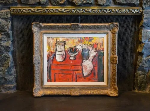 GARY SIMON - STILL LIFE IMPRESSIONIST PAINTING VASES ON RED TABLE, SOFT YELLOWS - 2
