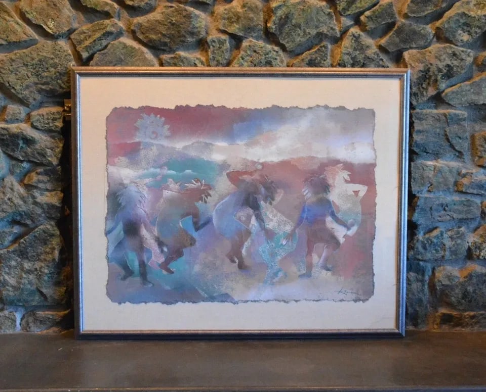 MIXED MEDIA PAINTING - TRANSLUCENT NATIVE AMERICAN DANCERS - TURQUOISE PASTELS: MIXED MEDIA PAINTING - TRANSLUCENT NATIVE AMERICAN DANCERS - TURQUOISE PASTELS This looks to be a mixed media painting / pastel drawing - maybe with some printed layers. It has been beautifully done o