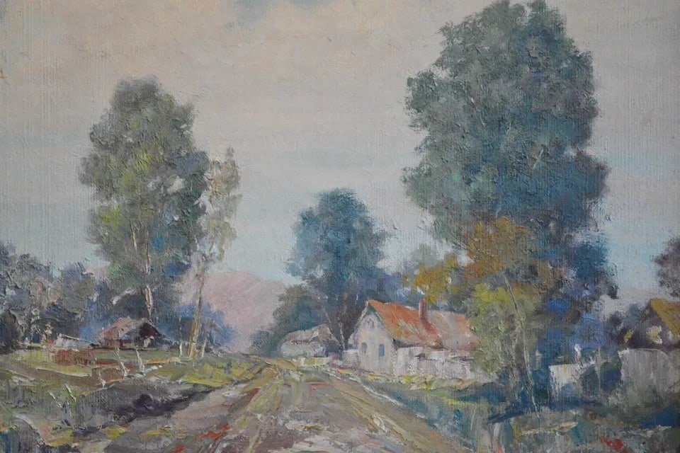 ETHEL L. - VINTAGE LANDSCAPE OIL PAINTING - COUNTRY ROAD CALIFORNIA - FRAMED (1 of 2)