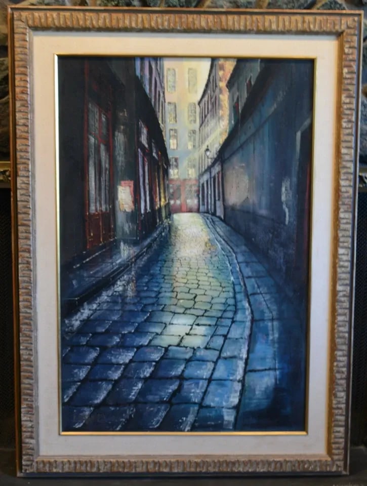 IMPRESSIONIST OIL PAINTING - EUROPE COBBLESTONE ALLEY AT NIGHT - FRANCOIS (1 of 2)