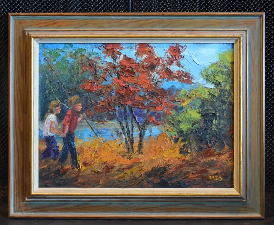 ZAZA MEULI (MILIEU) 1892- OIL PAINTING CHILDREN FISHING - CREEK WOODS IN AUTUMN (1 of 2)