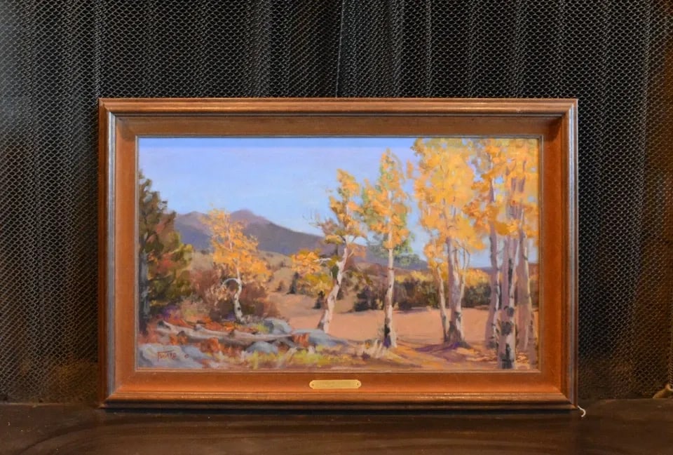 TOM WARD - OIL PAINTING - ASPENS IN AUTUMN - SAN FRANCISCO PEAKS FLAGSTAFF AZ: TOM WARD - OIL PAINTING - ASPENS IN AUTUMN - SAN FRANCISCO PEAKS FLAGSTAFF AZ This oil painting was done by Sedona, Arizona artist Tom Ward. It shows a few brilliant yellow Aspen trees at the edge of 