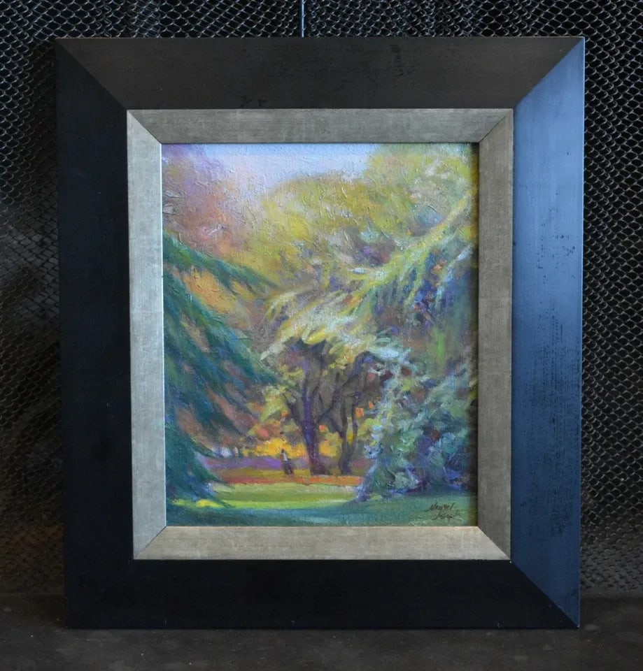 J. MENZEL-JOSEPH - OIL PAINTING - WALK AMONGST THE TREES - FRAMED: J. MENZEL-JOSEPH - OIL PAINTING - WALK AMONGST THE TREES - FRAMED Item Description: This magical landscape was done by James Joseph Menzel and is titled "A Walk in the Park". It shows a single figure 
