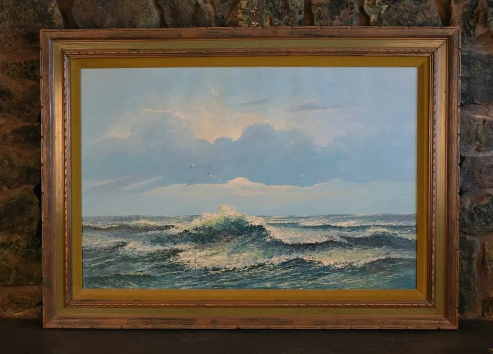 LARGE SEASCAPE OIL PAINTING - OCEAN WAVES SEAGULLS CLOUDS - M. DRESSEN (1911-): LARGE SEASCAPE OIL PAINTING - OCEAN WAVES SEAGULLS CLOUDS - M. DRESSEN (1911-) Item Description: This large oil painting shows a peaceful ocean scene with seagulls circling in a cloud filled sky. It w