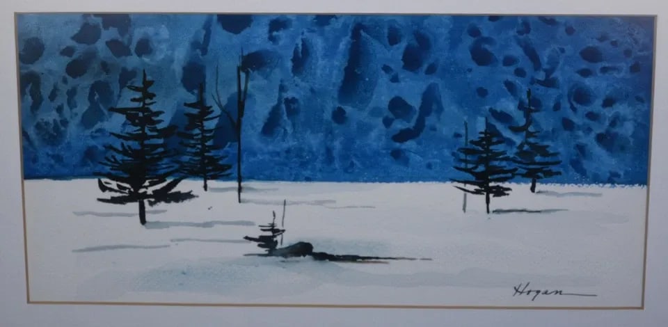 FRAMED VTG WATERCOLOR PAINTING - WINTER LANDSCAPE - JOHN ? HOGAN - BLUES WHITE: FRAMED VTG WATERCOLOR PAINTING - WINTER LANDSCAPE - JOHN ? HOGAN - BLUES WHITE Item Description: This vintage watercolor painting has an interesting composition with the deep blues above the horizon. 