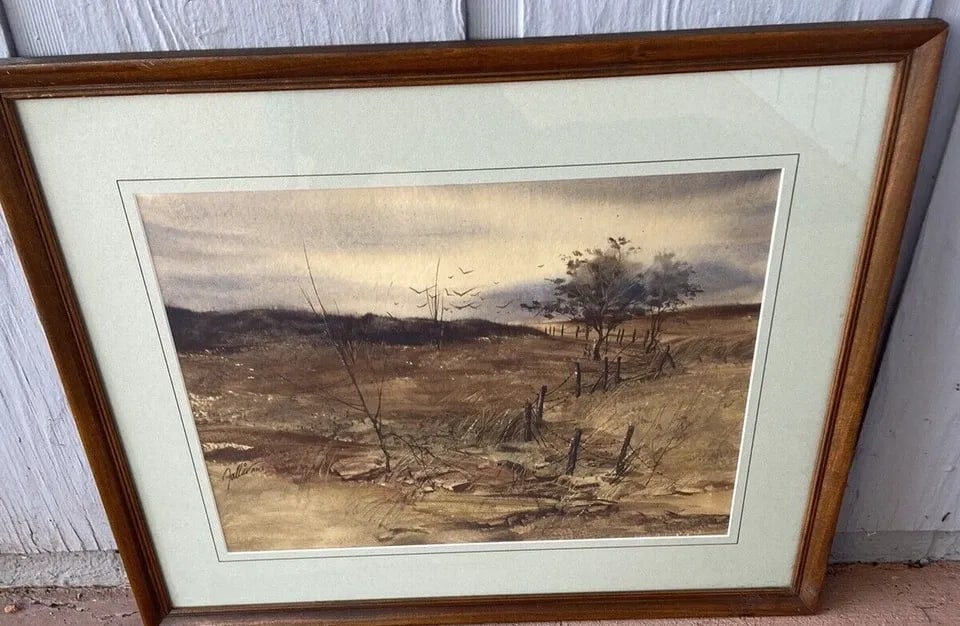 JAMES FALLIER - WATERCOLOR LANDSCAPE PAINTING - KANSAS PRAIRIE FIELDS - BIRDS: JAMES FALLIER - WATERCOLOR LANDSCAPE PAINTING - KANSAS PRAIRIE FIELDS - BIRDS Item Description: This original watercolor painting was done by Kansas artist James Fallier (1930-). It shows a evocative 