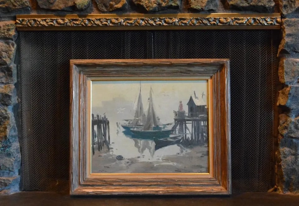 ANTIQUE OIL PAINTING - SHIPS AT DOCK - NEW ROCHELLE NEW YORK - FRAMED - SIGNED: ANTIQUE OIL PAINTING - SHIPS AT DOCK - NEW ROCHELLE NEW YORK - FRAMED - SIGNED This vintage painting shows ships at dock. It is oil on canvas board and has been signed in the lower left. But, I can't 