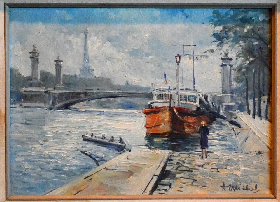 VTG PAINTING MIDCENTURY PARIS - BOATS ON SEINE- PONT ALEXANDER BRIDGE - EIFFEL (1 of 2)