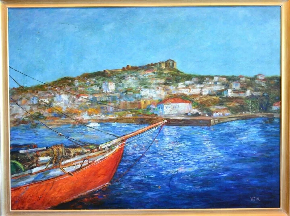 LARGE VIBRANT PAINTING - GREEK ISLAND VILLAGE ON HILL SEASCAPE SAILBOAT - ALDEN: LARGE VIBRANT PAINTING - GREEK ISLAND VILLAGE ON HILL SEASCAPE SAILBOAT - ALDEN Item Description: On canvas - measures 3 feet by 4 feet. With frame measures 44.5" by 56.5" Signed: Alden lower right. T