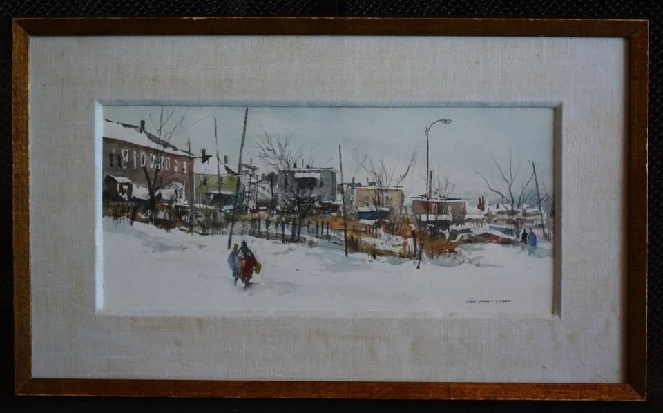 JACK FLYNN 1927- WATERCOLOR PAINTING MASSACHUSETTS CITYSCAPE IN SNOW AWS MEMBER: JACK FLYNN 1927- WATERCOLOR PAINTING MASSACHUSETTS CITYSCAPE IN SNOW AWS MEMBER This vintage watercolor painting shows a cityscape in snow. It was done by Massachusetts artist, Jack Flynn. This painti