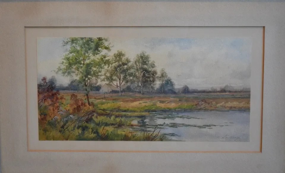A. FAUNAY - FRAMED ANTIQUE WATERCOLOR PAINTING - NATURE LANDSCAPE - LATE 19TH C.: A. FAUNAY - FRAMED ANTIQUE WATERCOLOR PAINTING - NATURE LANDSCAPE - LATE 19TH C. Item Description: This antique watercolor landscape painting shows an old farmhouse amongst some trees with water in th