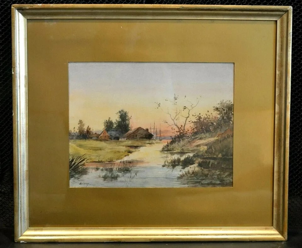 W.C. EISEN 1890'S ANTIQUE WATERCOLOR PAINTING - COASTAL VILLAGE & SAILING SHIP (1 of 2)