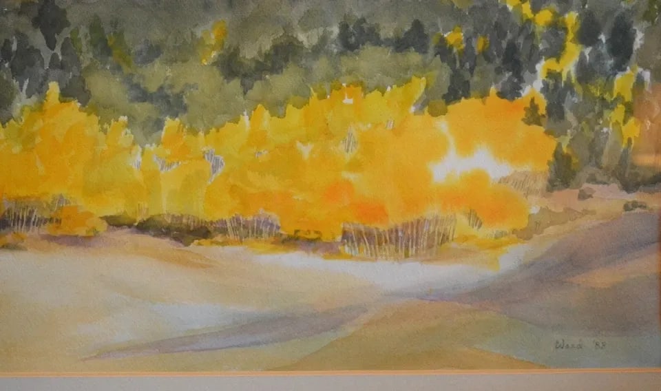 TOM WARD - SAN FRANCISCO PEAKS FLAGSTAFF AZ IN AUTUMN - WATERCOLOR PAINTING: TOM WARD - SAN FRANCISCO PEAKS FLAGSTAFF AZ IN AUTUMN - WATERCOLOR PAINTING This lovely watercolor painting shows the San Francisco Peaks near Flagstaff Arizona. Covering the hillsides, the bright yel