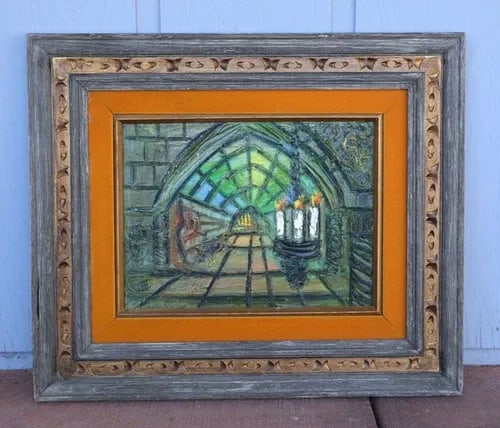 VINTAGE PAINTING - CHURCH WITH STAINED GLASS WINDOW CANDLES ALTAR - GREENS BLUES (1 of 2)