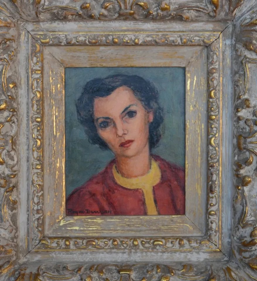 ROGER BARR - PORTRAIT YOUNG WOMAN - OIL PAINTING - FRAMED: ROGER BARR - PORTRAIT YOUNG WOMAN - OIL PAINTING - FRAMED This original portrait was done by artist Roger Barr. It is oil on board and signed in the lower left and dated 1951. The painting measures 7"