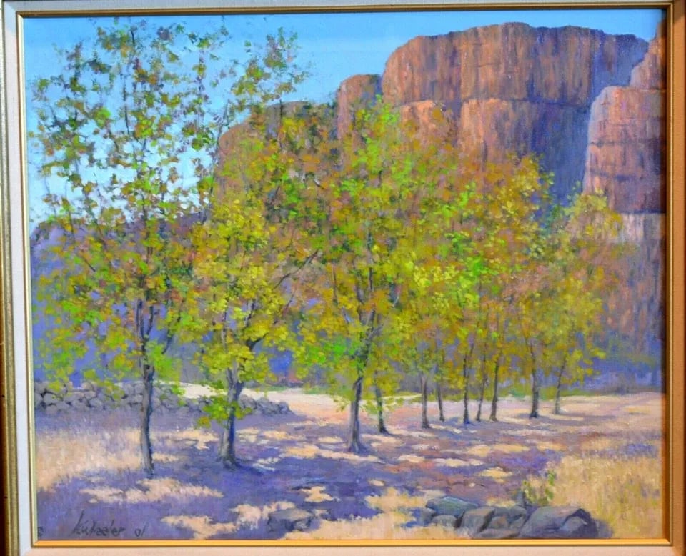 LANDSCAPE PAINTING SEDONA RED ROCKS W. POPLAR TREES IN SUMMER - HARRY WHEELER (1 of 2)