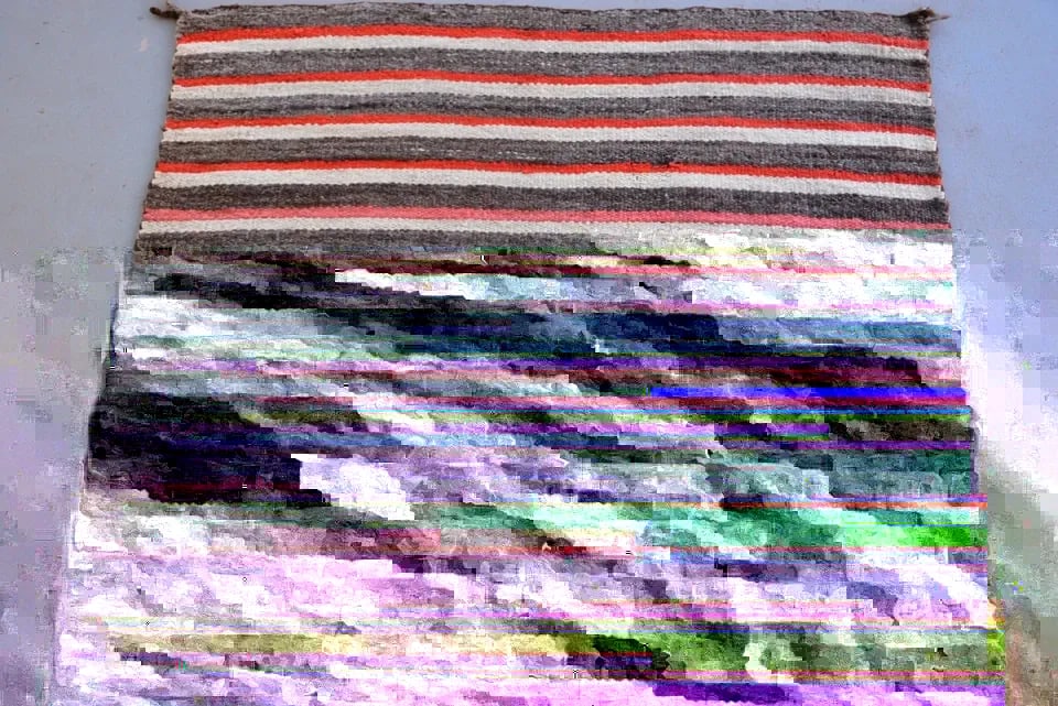 OLD NAVAJO CHILD'S / SADDLE BLANKET - STRIPED, SOFT WOOLS - CIRCA. 1900: OLD NAVAJO CHILD'S / SADDLE BLANKET - STRIPED, SOFT WOOLS - CIRCA. 1900 This is a beautiful early striped blanket, woven of very soft wools. It is in pretty good shape. A couple of the ends are frayed