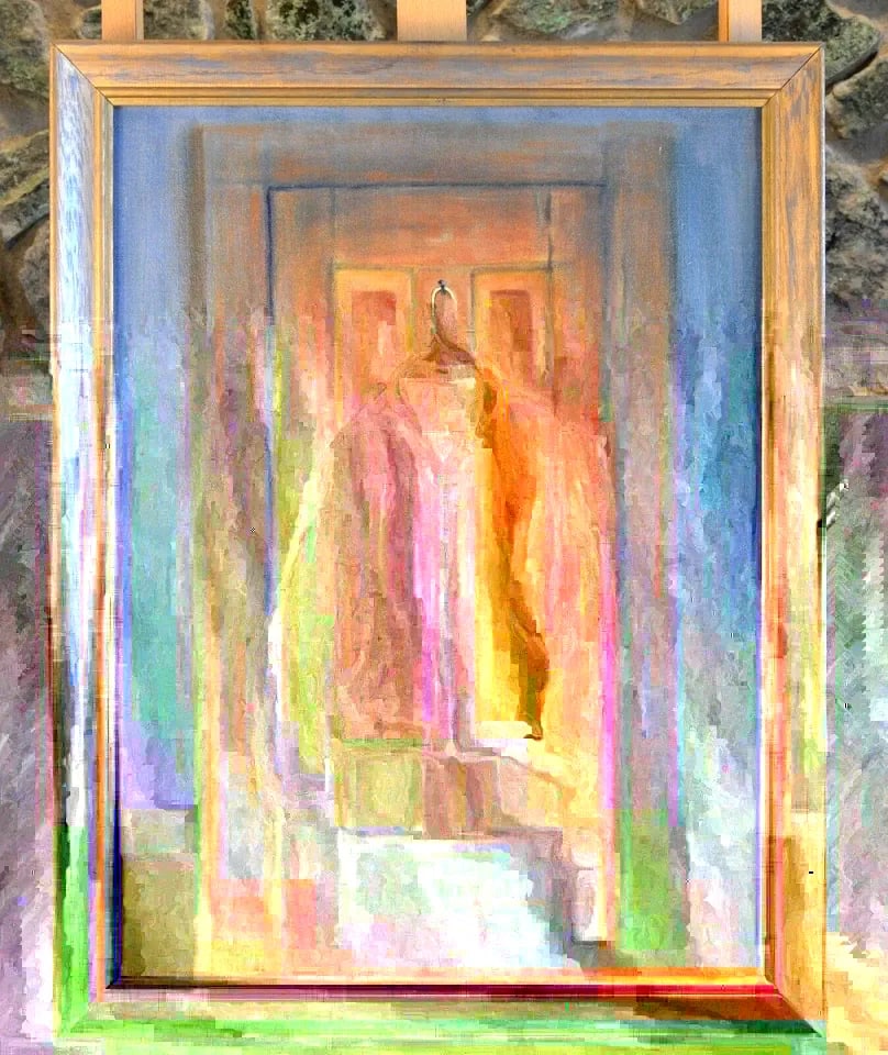 GENE HAYNES OIL PAINTING -GENE'S JACKET ON DOOR - DORYMANS HOTEL, NEWPORT CALIF: GENE HAYNES OIL PAINTING -GENE'S JACKET ON DOOR - DORYMANS HOTEL, NEWPORT CALIF Item Description: This whimsical painting of a coat hanging on the back of a door was done by Gene Haynes. On the back i