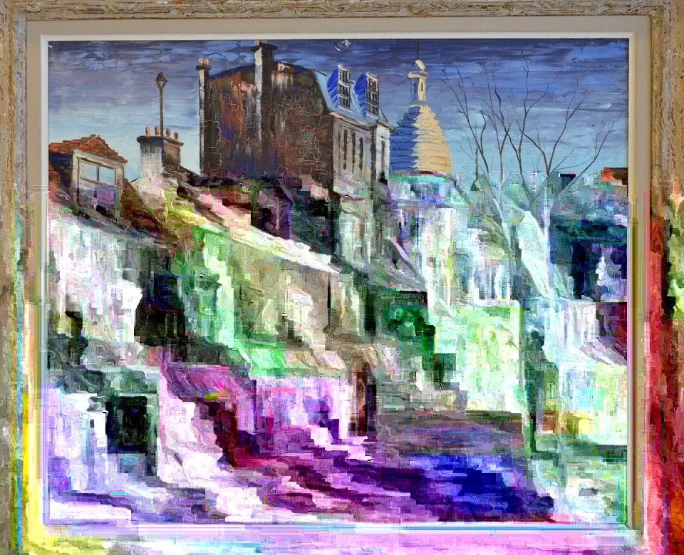IMPRESSIONIST PAINTING - VIBRANT STREET SCENE MONTMARTRE - HISTORIC PARIS FRANCE: IMPRESSIONIST PAINTING - VIBRANT STREET SCENE MONTMARTRE - HISTORIC PARIS FRANCE Item Description: This vibrant impressionist painting shows a Paris street lined with shops in the historic Montmartre 
