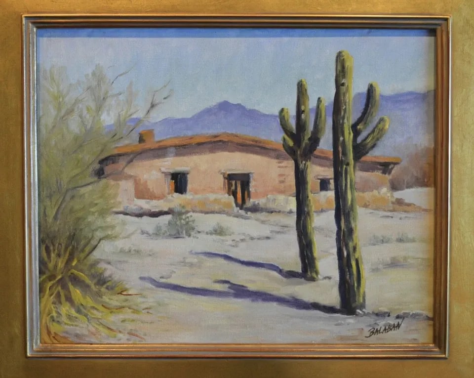 VINTAGE OLD SOUTHWEST SONORAN DESERT ADOBE RANCH SAGUARO CACTUS - OIL PAINTING: VINTAGE OLD SOUTHWEST SONORAN DESERT ADOBE RANCH SAGUARO CACTUS - OIL PAINTING This original oil painting shows an old adobe home in the Southwest Sonoran Desert. It is signed by the artist, Balahan, 