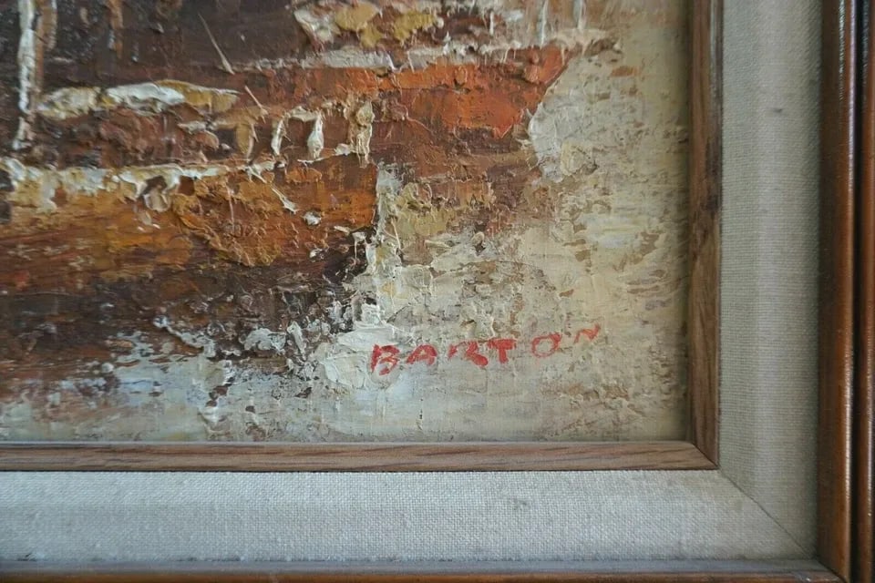 VTG. MID-CENTURY PAINTING FISHING BOATS HARBOR ROCHESTER MASS. - BARTON: VTG. MID-CENTURY PAINTING FISHING BOATS HARBOR ROCHESTER MASS. - BARTON Item Description: This mid-century painting speaks of its time with the paint thickly applied and an almost abstract composition