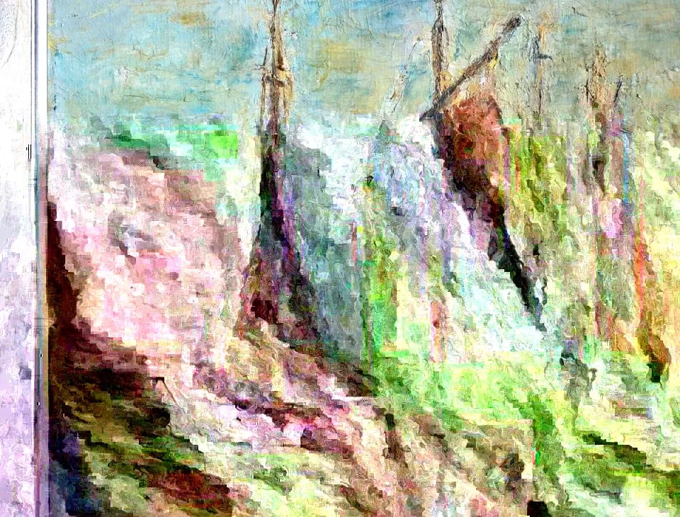 ANTIQUE IMPRESSIONIST OIL PAINTING - SHIPS DOCKED AT PORT - EARLY 1900S? (1 of 2)