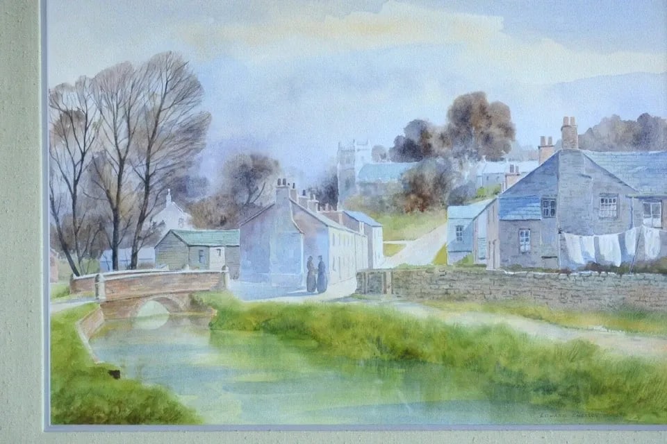 EDWARD EMERSON - WATERCOLOR PAINTING - OLD EUROPEAN IRISH VILLAGE - MID CENTURY: EDWARD EMERSON - WATERCOLOR PAINTING - OLD EUROPEAN IRISH VILLAGE - MID CENTURY This lovely vintage watercolor painting was done by Irish artist Edward Emerson. Emerson is known for his watercolor pai