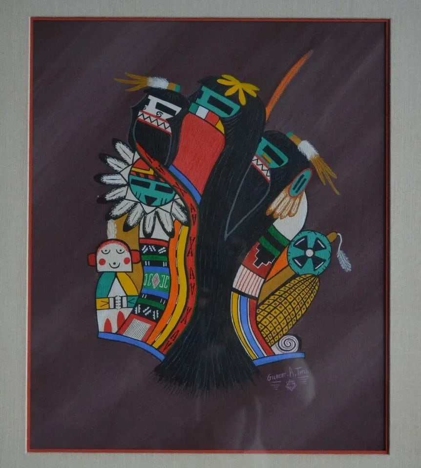 GILBERT A. TYMA - HOPI PAINTING - KACHINA GROUP W. CORN, RATTLE, GRANDMOTHER: GILBERT A. TYMA - HOPI PAINTING - KACHINA GROUP W. CORN, RATTLE, GRANDMOTHER This painting was done by Hopi artist Gilbert A. Tyma. His work generally dates to the 1970s-80s. It shows a dynamic groupi