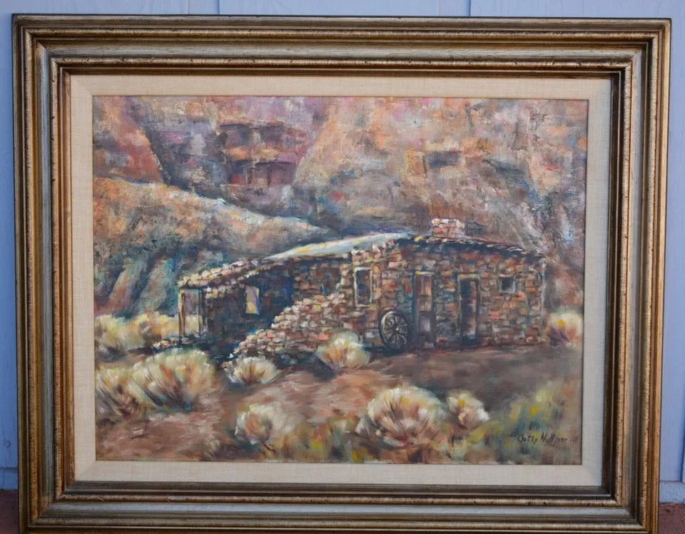 CATHY NULLINER - OIL PAINTING PIONEER STONE HOUSE IN MOUNTAINS - ARIZONA: CATHY NULLINER - OIL PAINTING PIONEER STONE HOUSE IN MOUNTAINS - ARIZONA This original oil painting was done by Pinetop Arizona artist Cathy Nulliner. It shows an old Pioneer stone cabin nestled up ag