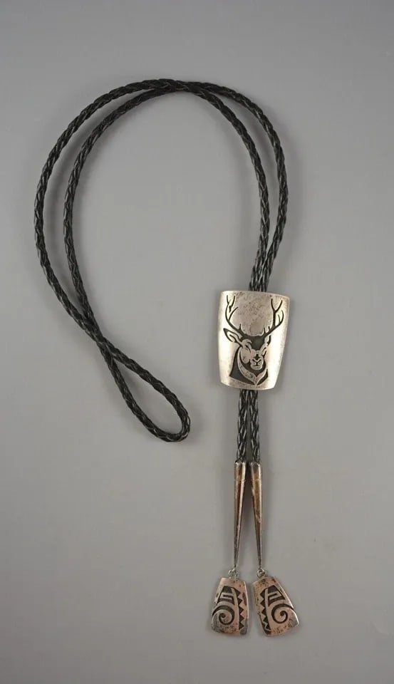 MICAHEL SOCKYMA SR. (1942-) VINTAGE HOPI PUEBLO INDIAN S.SILVER BOLO TIE - ELK: MICAHEL SOCKYMA SR. (1942-) VINTAGE HOPI PUEBLO INDIAN S.SILVER BOLO TIE - ELK Item Description: This old Hopi sterling silver bolo has been beautifully crafted by well known Hopi silversmith Michael 