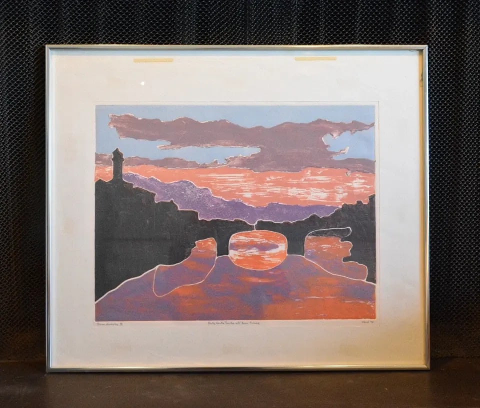 TOM WARD - RAISED RELIEF WOOD BLOCK PRINT - BRIDGE SANTA TRINITA FLORENCE ITALY (1 of 2)