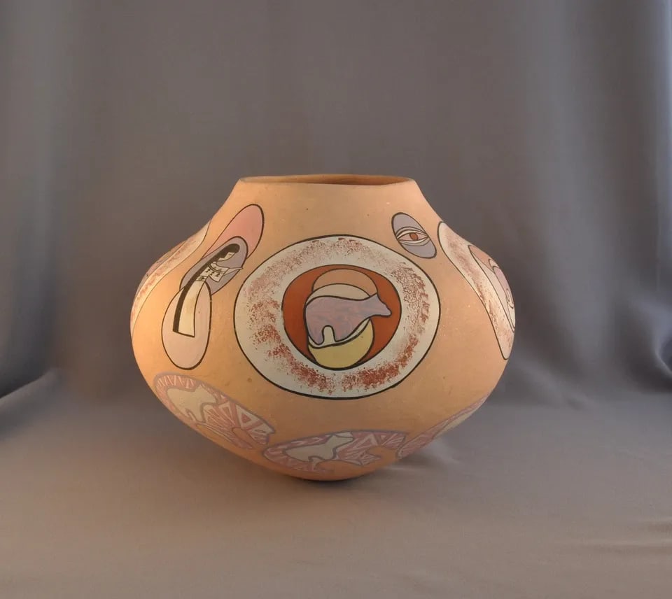 VTG HAND COILED OLLA PUEBLO POT MICACEOUS CLAY - BEAR AND MAIDEN SYMBOLS SIGNED (1 of 2)
