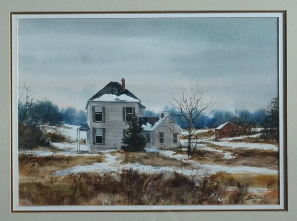 LES BARNETT - WATERCOLOR PAINTING - OLD MONTANA FARM HOUSE IN SNOW - FRAMED: LES BARNETT - WATERCOLOR PAINTING - OLD MONTANA FARM HOUSE IN SNOW - FRAMED This evocative winter watercolor painting was done by Montana artist Les Barnett. It shows an old Two Story Farmhouse in Win