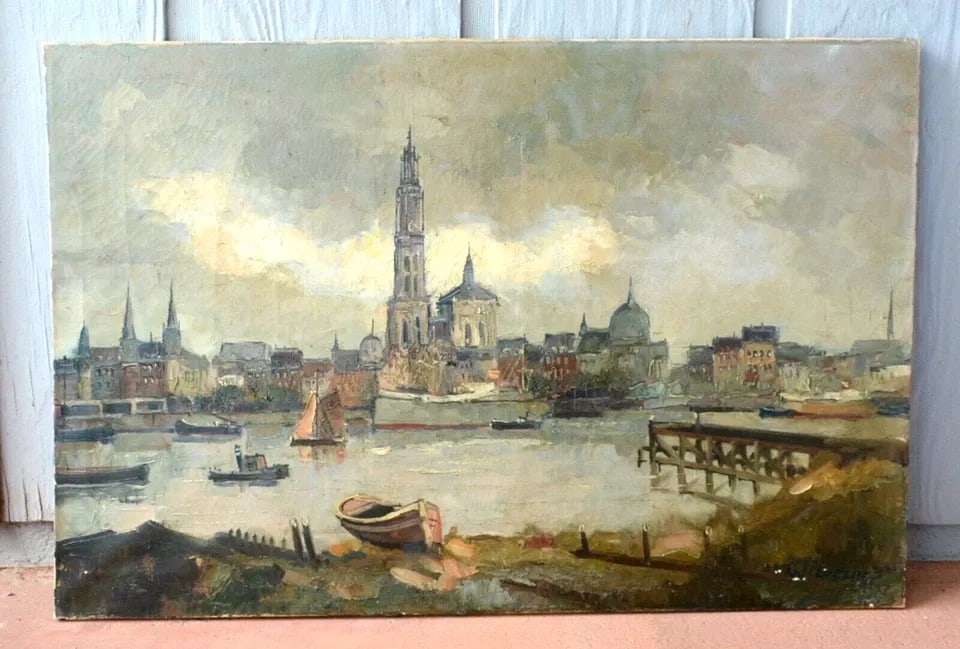 ANTIQUE VINTAGE OIL PAINTING - OLD EUROPEAN SEAPORT CITYSCAPE (1 of 2)