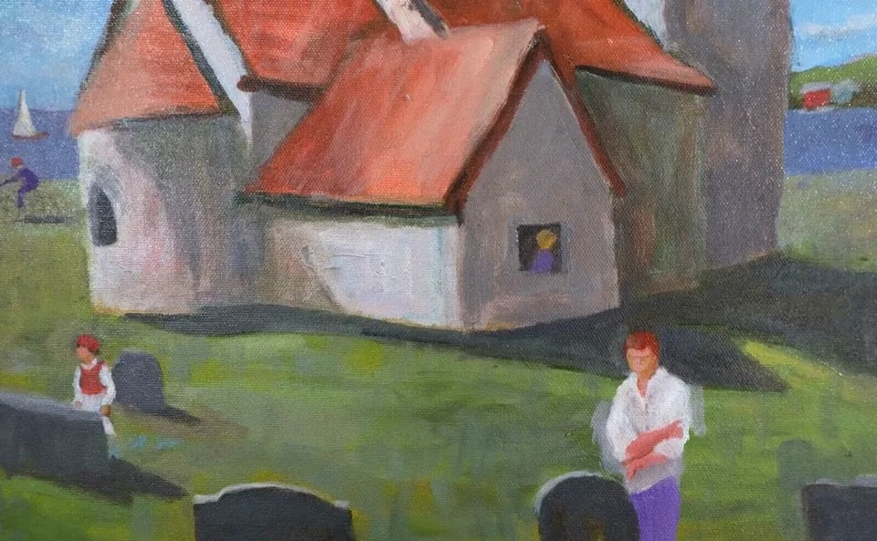TOM WARD - OIL PAINTING - VISINGO ISLAND SWEDEN - LAKE VATTERN- KUMLABY CHURCH: TOM WARD - OIL PAINTING - VISINGO ISLAND SWEDEN - LAKE VATTERN- KUMLABY CHURCH Item Description: 18" x 24" Great Shape