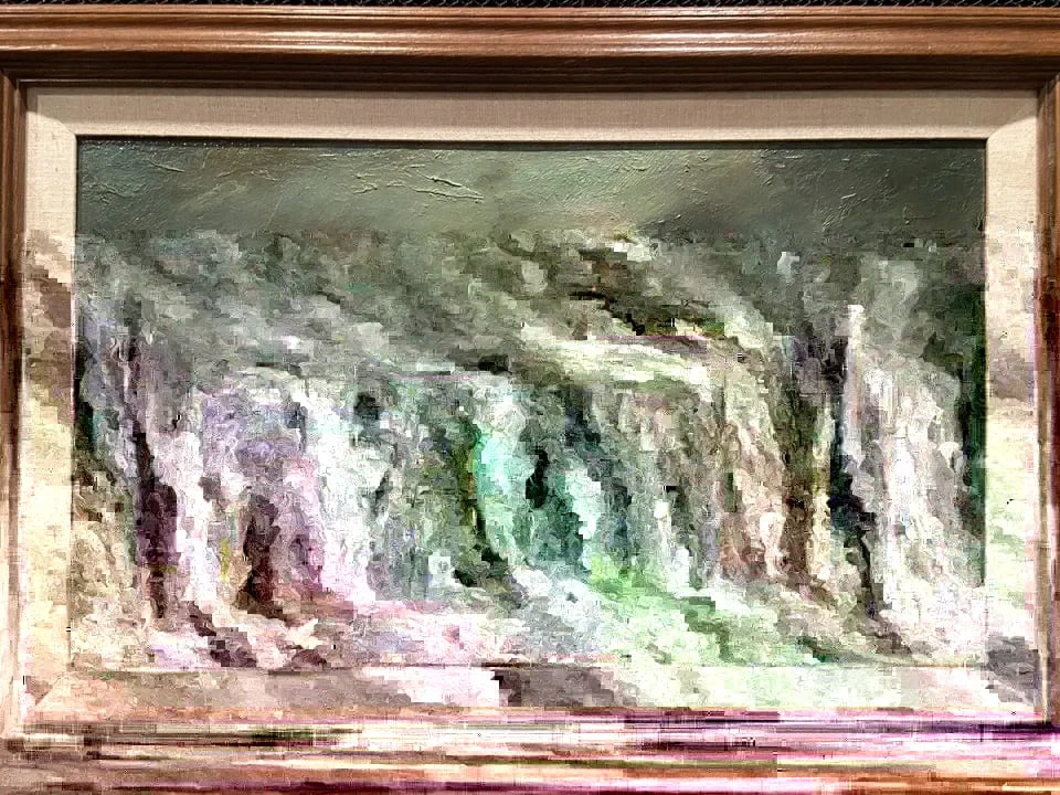 VINTAGE LANDSCAPE OIL PAINTING - CITY ON A HILL UNDER STORMY SKIES - MID CENTURY: VINTAGE LANDSCAPE OIL PAINTING - CITY ON A HILL UNDER STORMY SKIES - MID CENTURY Item Description: This unusual vintage landscape shows a village on a hill under dark stormy skies. The painting is oil