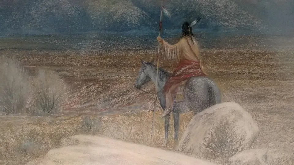 LG SOUTHWEST MOUNTAIN DESERT INDIAN LANDSCAPE PASTEL PAINTING - JOHN B. MAGINNIS: LG SOUTHWEST MOUNTAIN DESERT INDIAN LANDSCAPE PASTEL PAINTING - JOHN B. MAGINNIS Item Description: This pastel painting, titled "The Sentinel", shows a Native American on horseback looking out across 