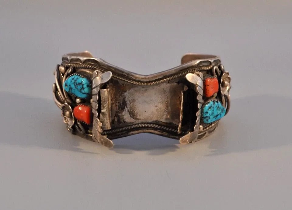 OLD PAWN SILVER NAVAJO WATCH BRACELET - KINGMAN TURQUOISE CORAL SIGNED - 7.5": OLD PAWN SILVER NAVAJO WATCH BRACELET - KINGMAN TURQUOISE CORAL SIGNED - 7.5" This watch bracelet cuff weighs 99.55 grams. It is signed Thomas Francisco. The turquoise is Kingman turquoise. The cuff s