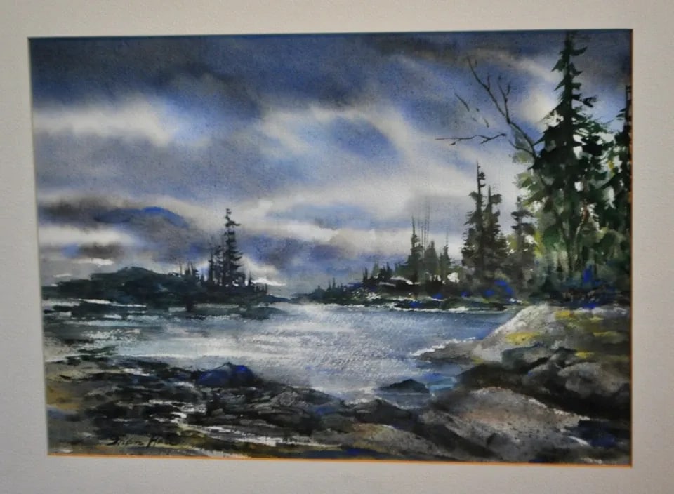 WATERCOLOR LANDSCAPE PAINTING OF ROCKY COAST PINES - N CALIF ARTIST - FRAN HALL (1 of 2)