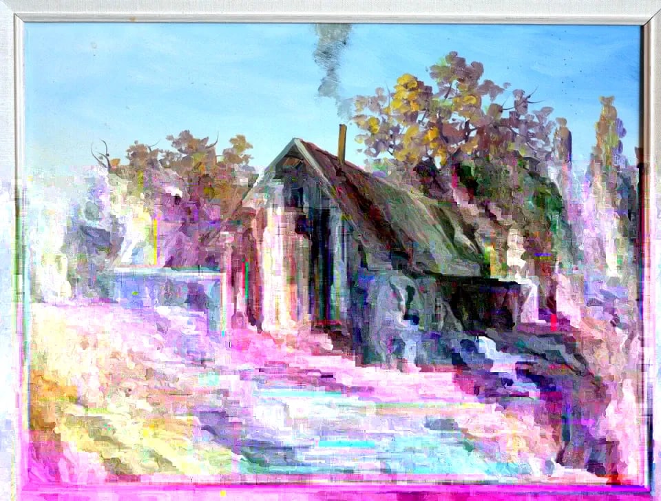 VINTAGE IMPRESSIONIST PAINTING - OLD FLOUR MILL BARN IN FALL - WATER WHEEL (1 of 2)