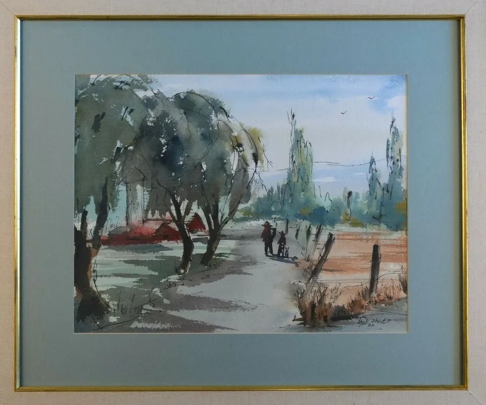 FRAMED WATERCOLOR PAINTING - FARM FIELDS - WHITTIER CALIF - JACK N. STOUT 1965: FRAMED WATERCOLOR PAINTING - FARM FIELDS - WHITTIER CALIF - JACK N. STOUT 1965 Item Description: This painting was done by Whittier California artist Jack N. Stout Jr. in 1965. It shows a father and c
