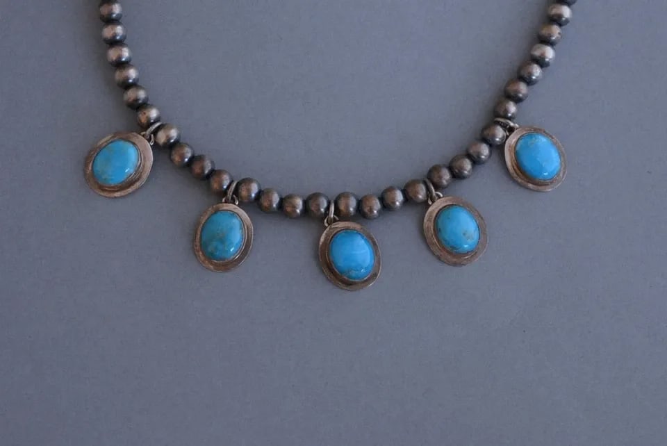 NAVAJO SILVER PEARL BEAD TURQUOISE NECKLACE 18" - 20" + EARRINGS - C. WEBSTER: NAVAJO SILVER PEARL BEAD TURQUOISE NECKLACE 18" - 20" + EARRINGS - C. WEBSTER This is a beautifully crafted Navajo silver turquoise necklace and earring set. The necklace has hand crafted Navajo silve