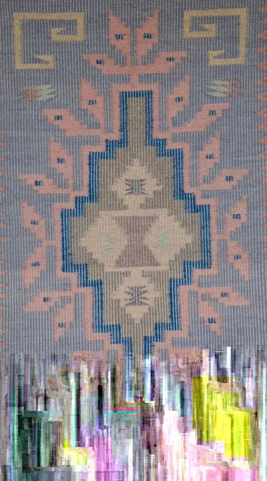 VINTAGE BURNTWATER RAISED OUTLINE NAVAJO RUG - FAYE BEGAY - 35" X 20": VINTAGE BURNTWATER RAISED OUTLINE NAVAJO RUG - FAYE BEGAY - 35" X 20" This Burntwater Raised Outline Navajo rug has been beautifully woven in soft muted colors. It comes with the original Teec Nos Pos