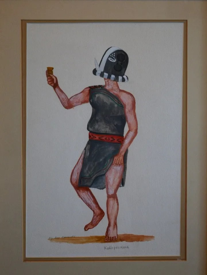 ROD PHILLIPS (1948-2005) - PAINTING OF KOKOPELMANA HOPI INDIAN KACHINA - FRAMED: ROD PHILLIPS (1948-2005) - PAINTING OF KOKOPELMANA HOPI INDIAN KACHINA - FRAMED This painting of the Kokopelmana kachina was done by Hopi artist Rod Phillips (1948-2005). Kokopelmana is the female com